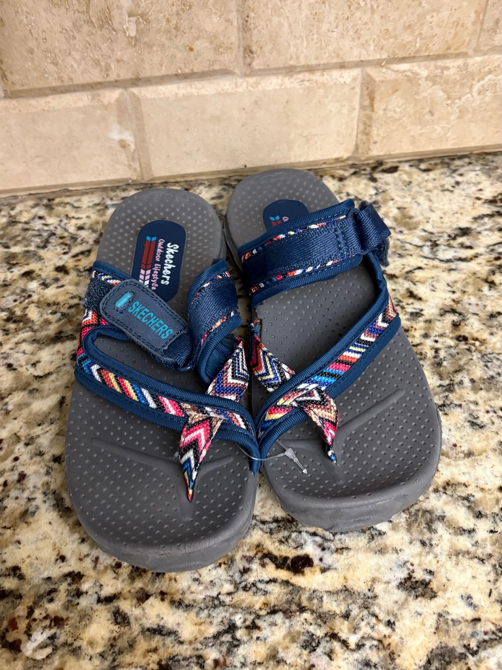 Skechers Kids Navy Sandals with Colorful Chevron Straps